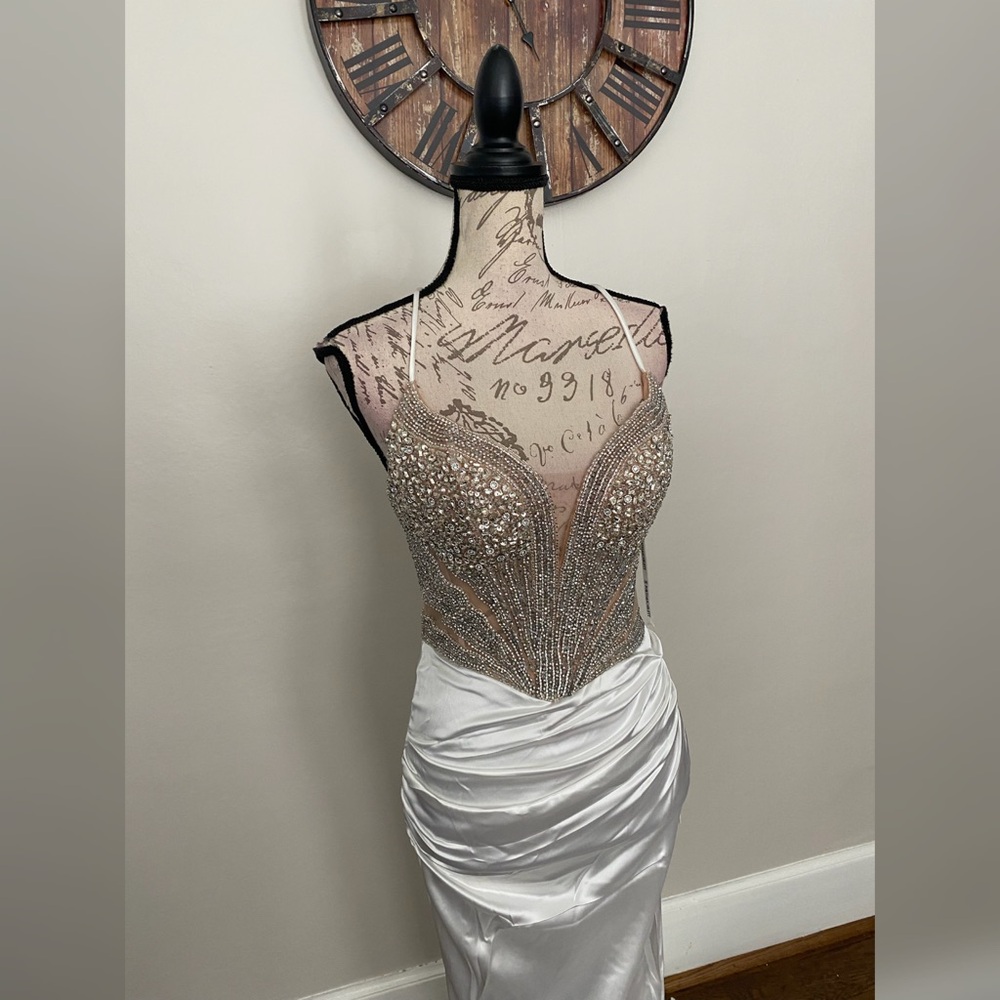 Rhinestone and satin wedding dress, prom dress or white pageant evening gown